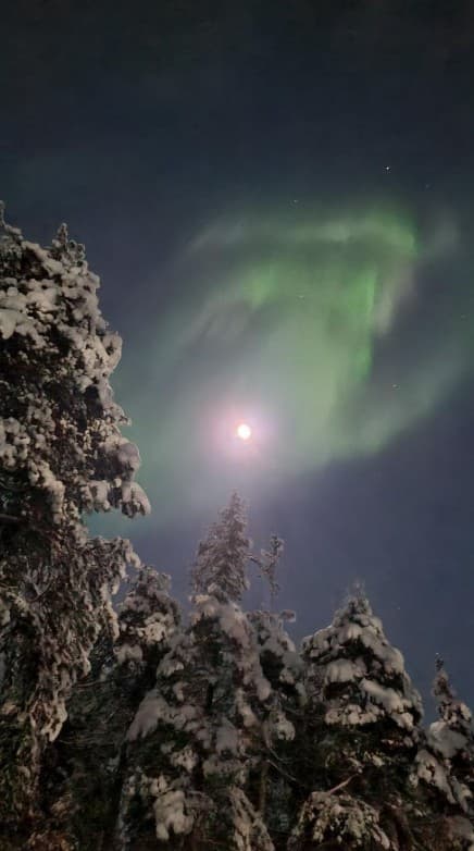 Verschneite Hütte unter Nordlichtern