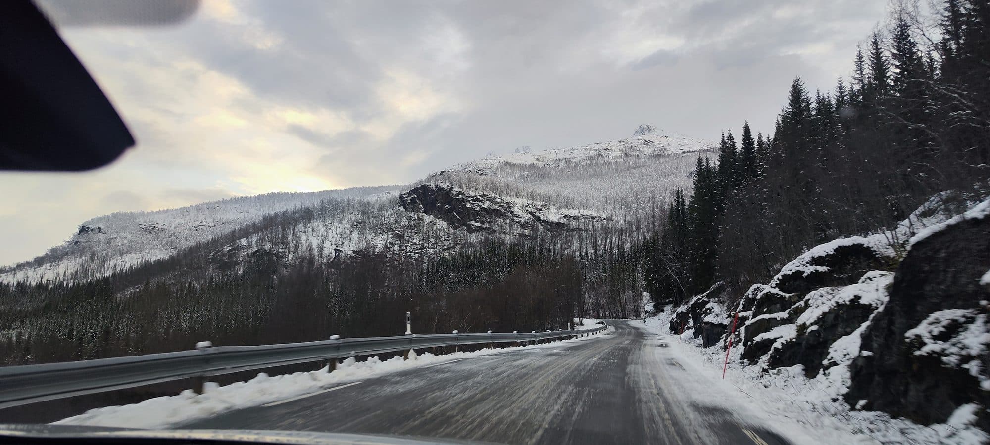Verschneite Bergstraße mit Leitplanke führt durch dichten Nadelwald zu einem schneebedeckten Gipfel.
