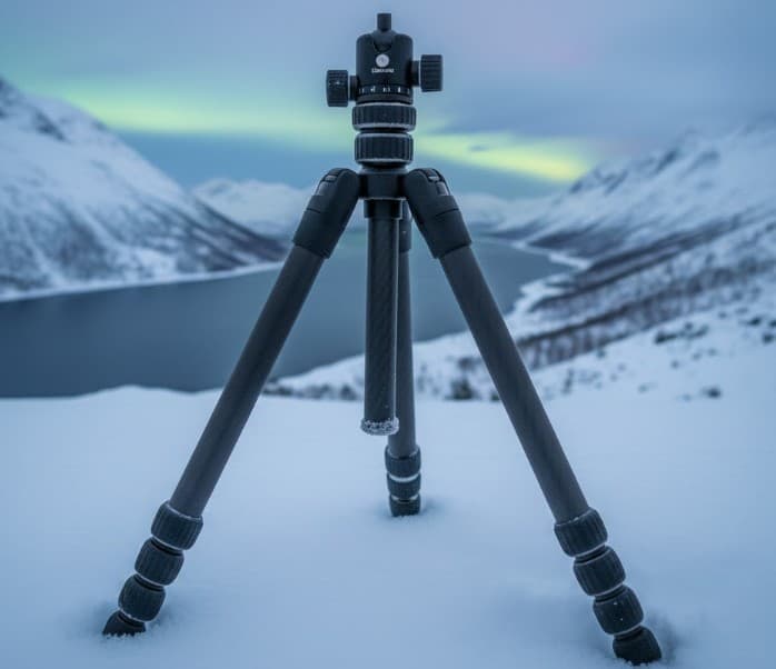 Kamera auf Stativ im Schnee