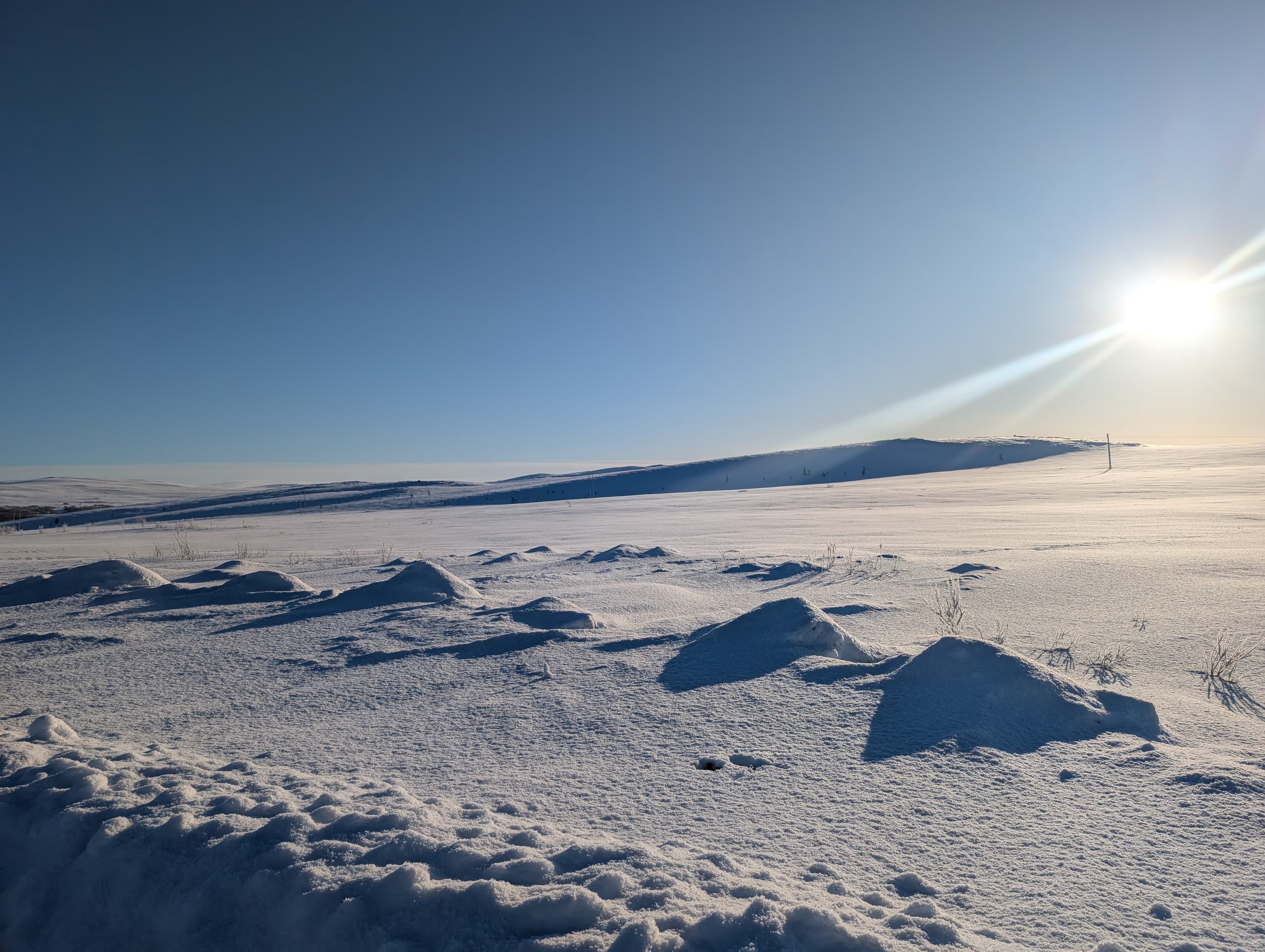 Eine weite, schneebedeckte Ebene unter einem strahlend blauen Himmel mit einer tief stehenden Sonne, die Lichtstrahlen wirft. Die Szene vermittelt eine ruhige, klare Winteratmosphäre in Nordnorwegen.