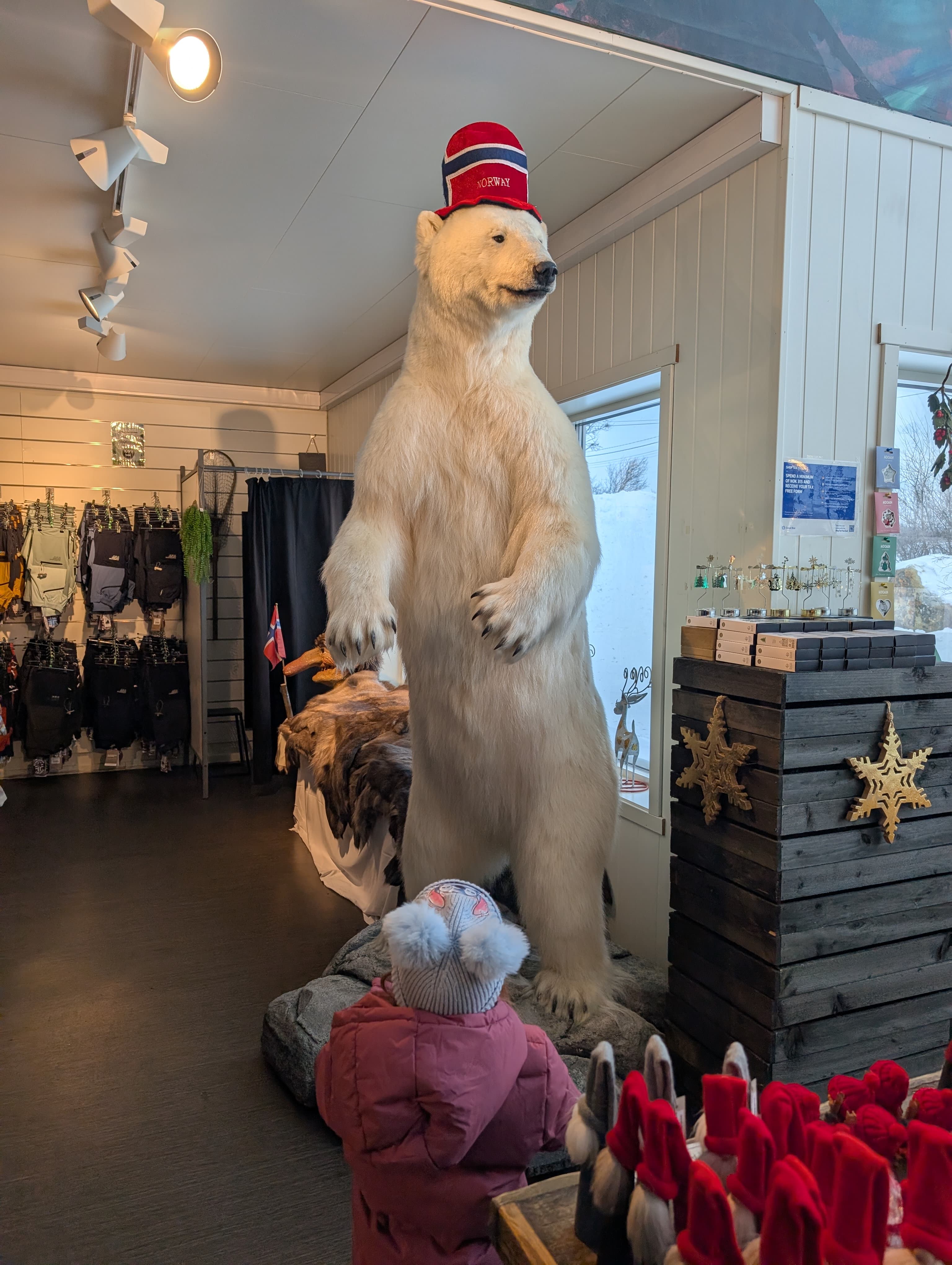 Ein Kind in Winterkleidung betrachtet fasziniert einen riesigen, aufrecht stehenden Eisbären im Laden eines norwegischen Souvenirshops.