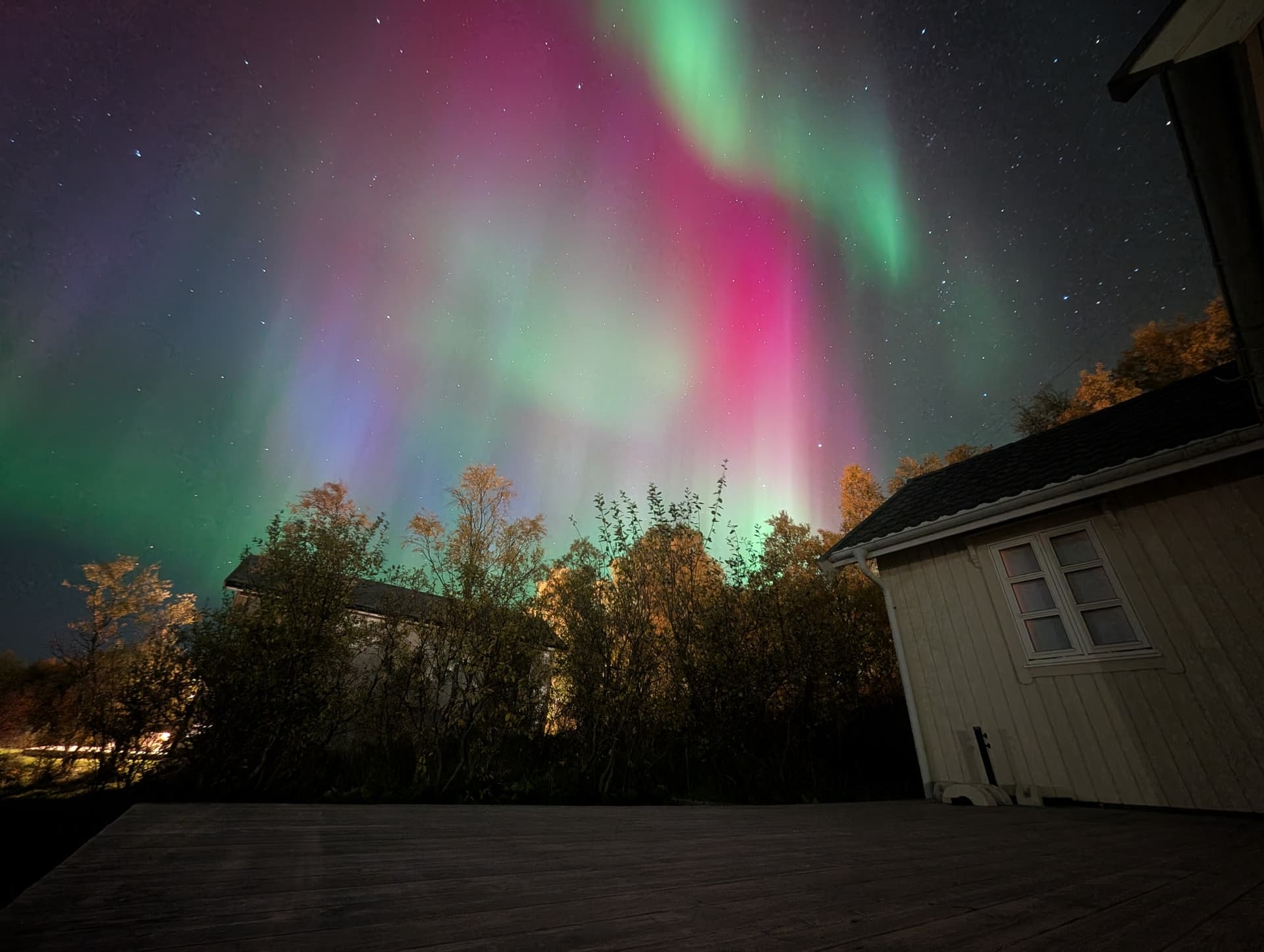 Intensives pink-grünes Polarlicht spannt sich über herbstlich gefärbte, warm beleuchtete Bäume und ein Holzhaus auf Andørja, im Vordergrund eine hölzerne Terrasse.