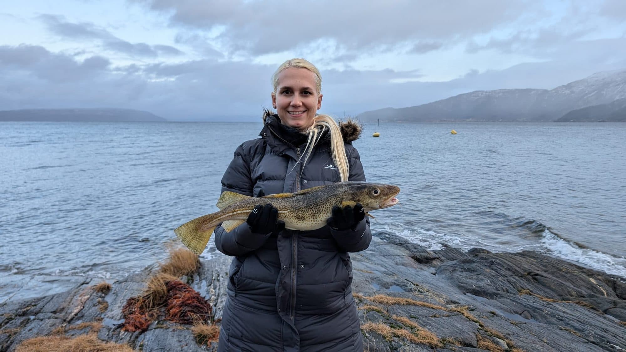 Eine lächelnde Frau in Winterjacke hält an einem felsigen Fjordufer bei Ballangen einen frisch gefangenen großen Dorsch in die Kamera, im Hintergrund liegt der Fjord unter bewölktem Himmel.