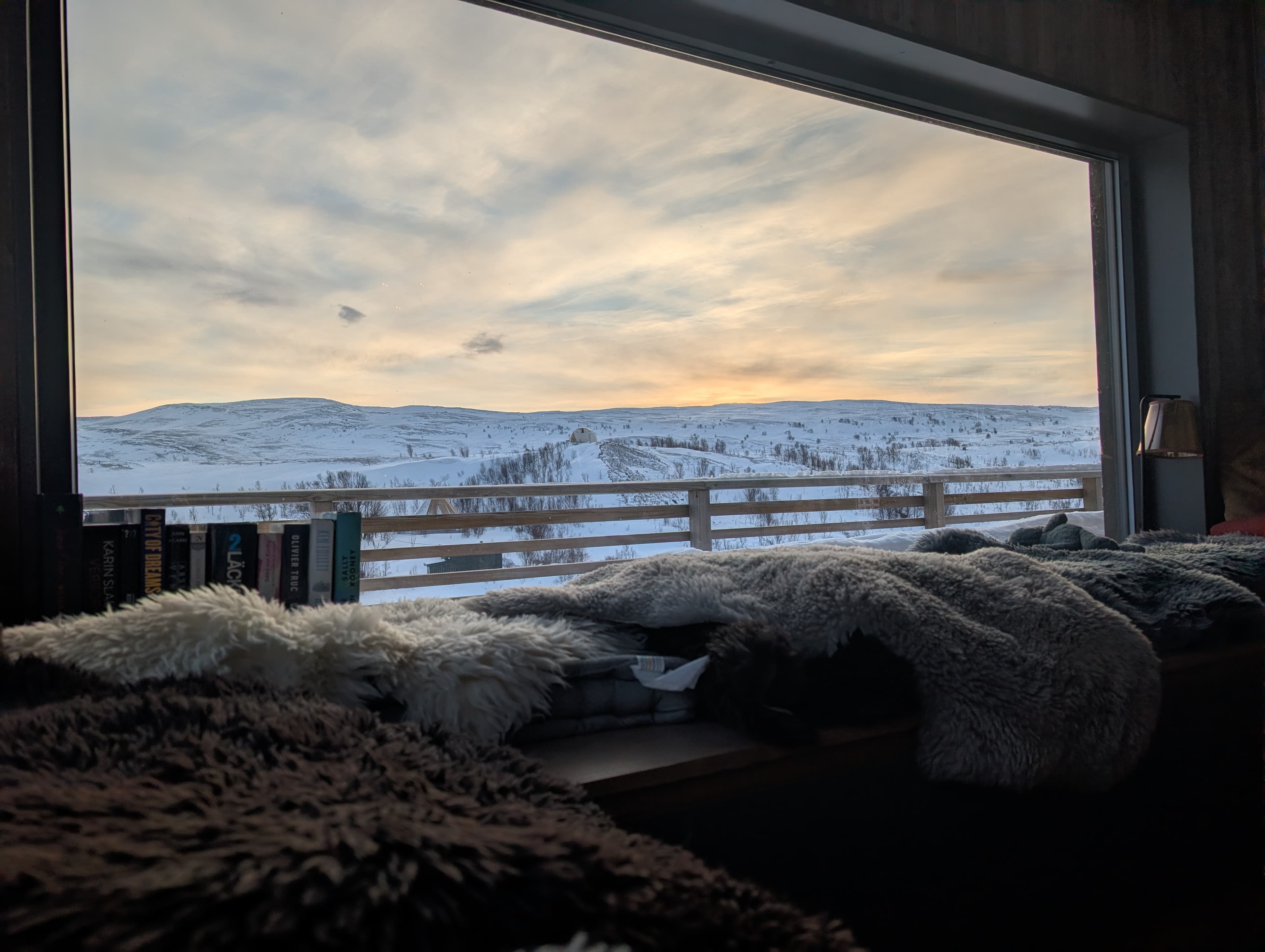 Polarnacht über dem Repparfjord mit violettem Himmel und dunklem Wasser.