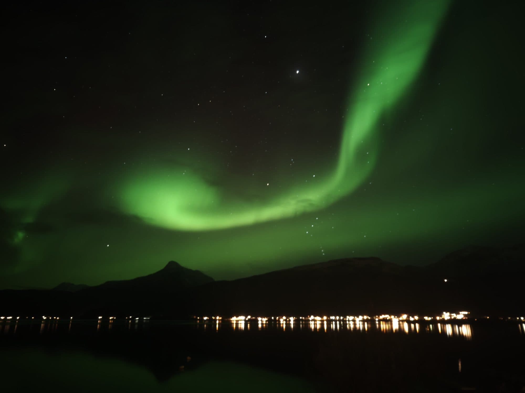 Ein kräftiges grünes Nordlichtband schwingt s-förmig über die Bergsilhouette des Ballangenfjords.