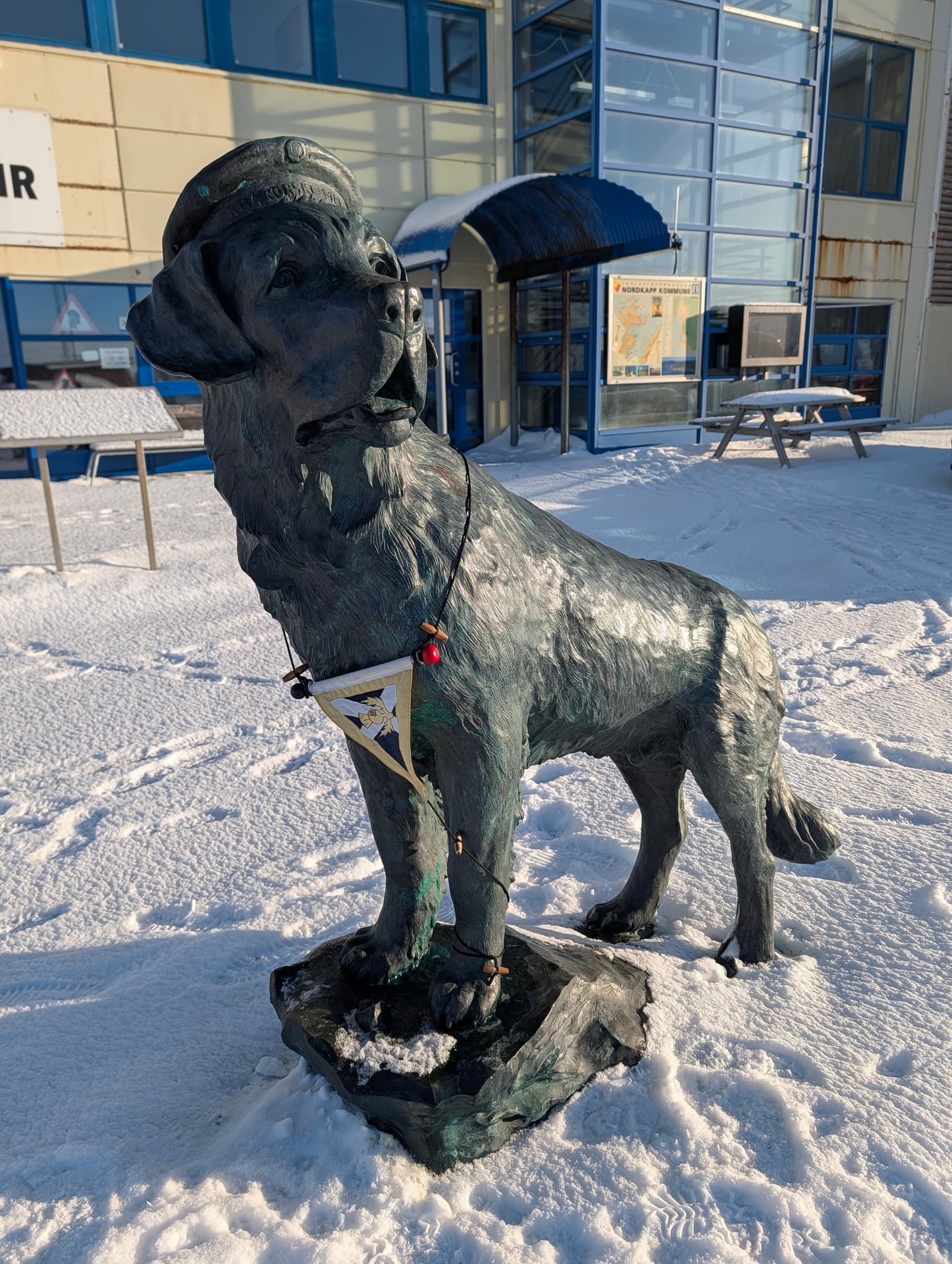 Eine Bronzestatue eines Hundes mit Mütze und Halstuch steht im Schnee vor einem modernen Gebäude der Nordkapp-Kommune.