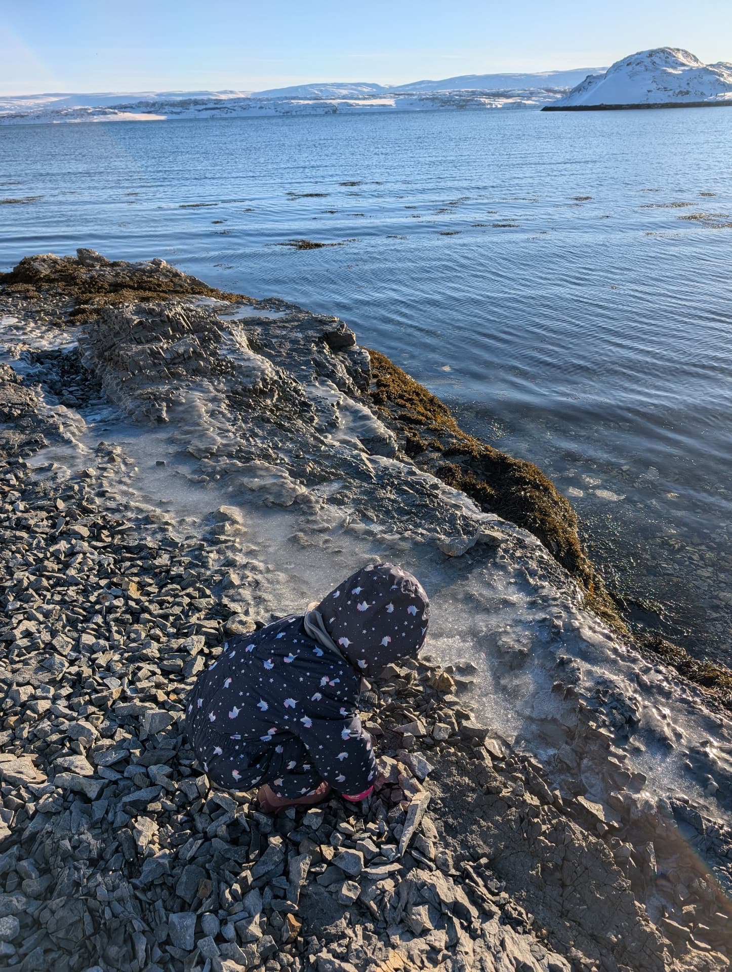 Ein Kind in Winterkleidung hockt am felsigen, eisigen Ufer und betrachtet das Wasser. Im Hintergrund erstreckt sich ein ruhiger Fjord unter einem klaren Himmel mit schneebedeckten Bergen.